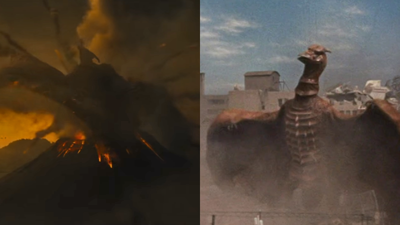 On the left, Rodan emerges from its Volcanic crucible in King of the Monsters; on the right, his first appearance in Rodan.